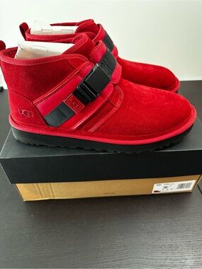 UGG Red Suede Ankle Boots with Black Strap